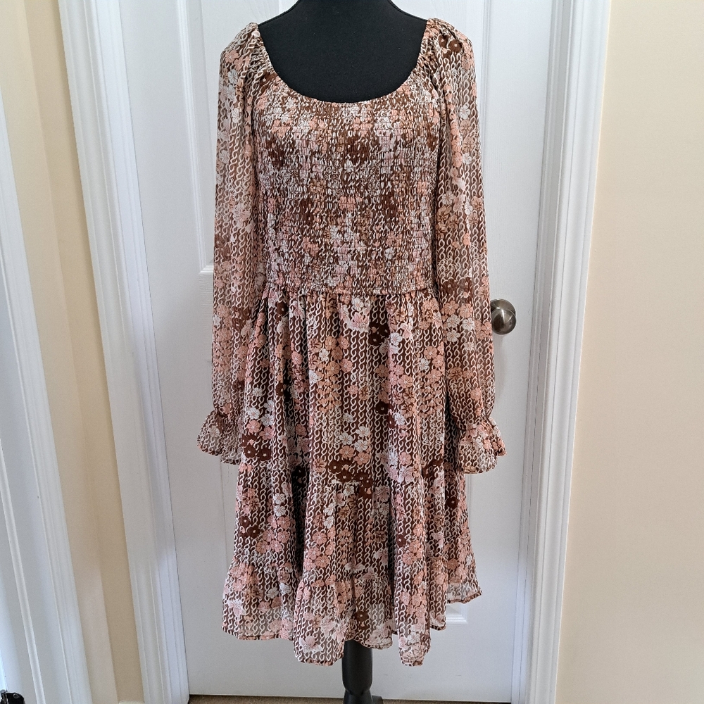 Long Sleeve Floral Smocked Waist Dress Womens Large Pink Brown Boho Flowy Light
